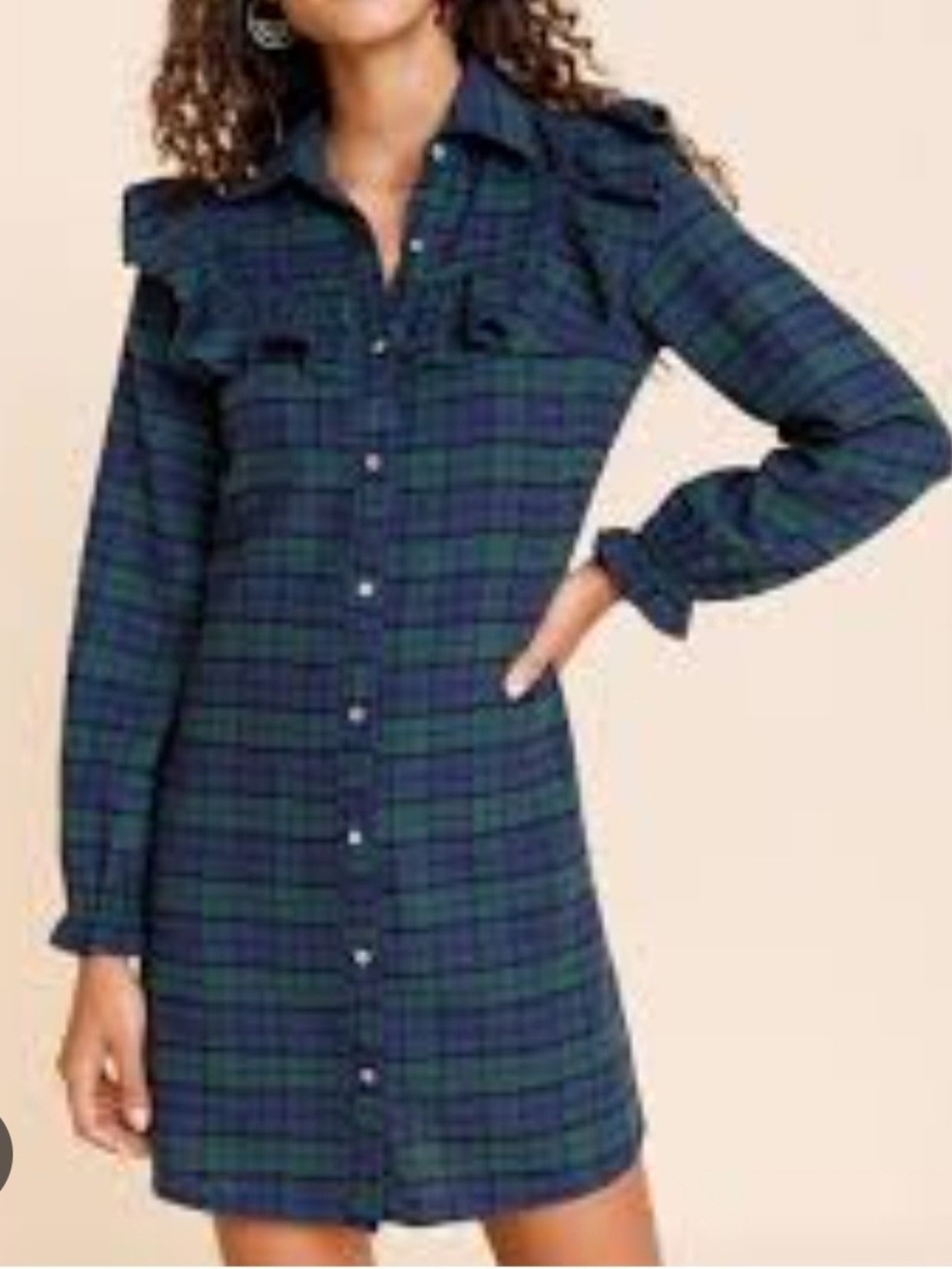 Francesa's Blue Rain Navy & Green Plaid Amanda Ruffle Shirt Dress. Size Small